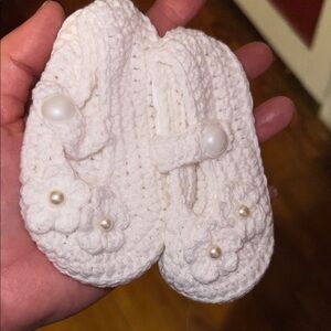 White Crochet Baby Booties with Pearl Accents